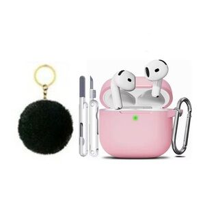 Pink AirPods 4 case with cleaning kit and Pompom keychain